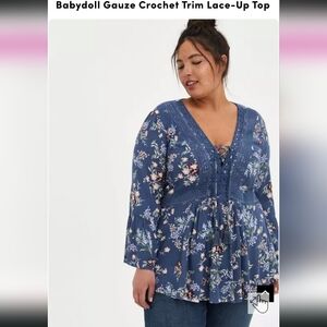 Torrid Babydoll Gauze Crochet Trim Top - Size 1